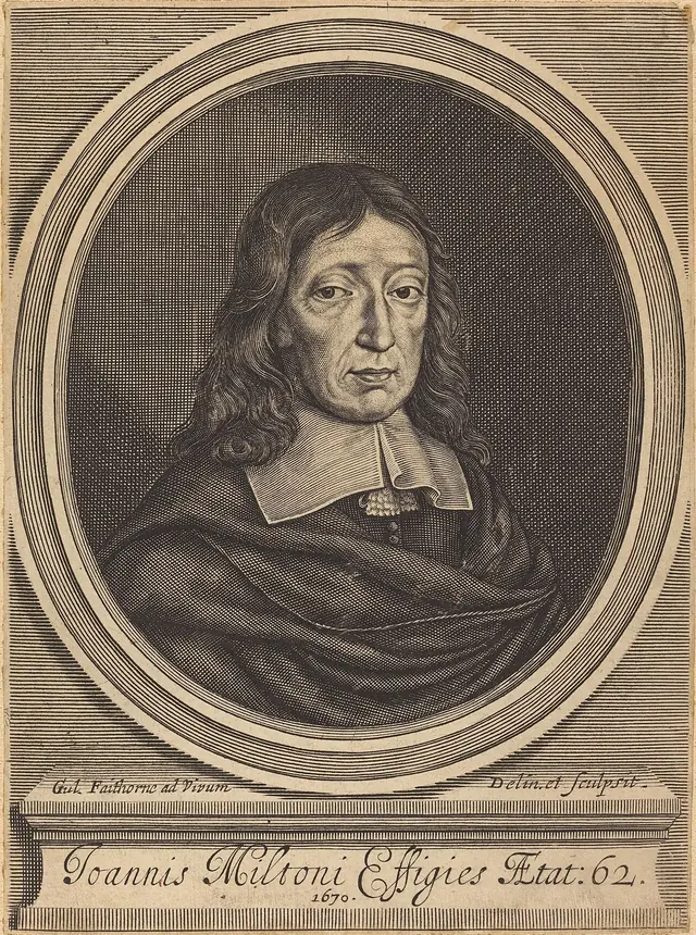 William Faithorne, John Milton, gravura, 1670 · National Gallery of Art, Washington · Domínio público (CC0) (`File:William Faithorne, John Milton, 1670, NGA 58207.jpg`).