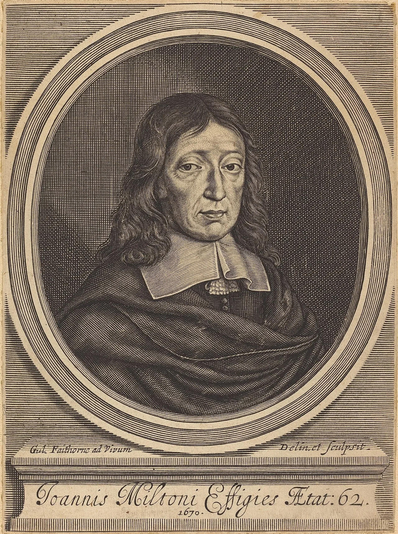 William Faithorne, John Milton, gravura, 1670 · National Gallery of Art, Washington · Domínio público (CC0) (`File:William Faithorne, John Milton, 1670, NGA 58207.jpg`).