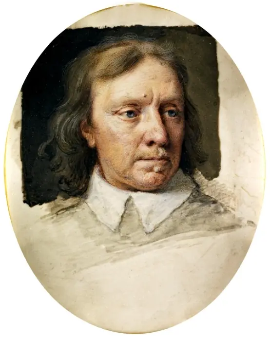 Samuel Cooper, Oliver Cromwell, miniatura, c. 1653 · Domínio público (`File:Portrait of Oliver Cromwell, by Samuel Cooper, c. 1653.jpg`, 554 × 694).