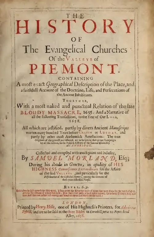 Samuel Morland, The History of the Evangelical Churches of the Valleys of Piemont, Londres, 1658, folha de rosto · exemplar do Princeton Theological Seminary · Domínio público (o PDF do IA `historyofevangel00morl` no Commons, página 7).
