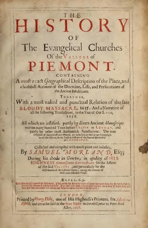 Samuel Morland, The History of the Evangelical Churches of the Valleys of Piemont, Londres, 1658, folha de rosto · exemplar do Princeton Theological Seminary · Domínio público (o PDF do IA `historyofevangel00morl` no Commons, página 7).