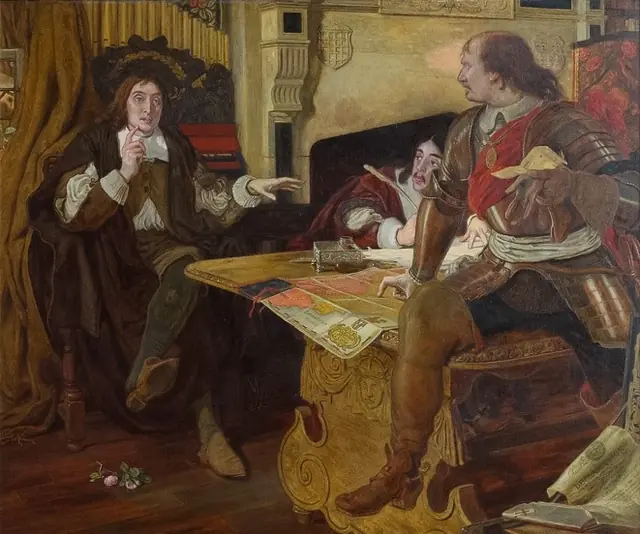 Ford Madox Brown, Cromwell, protetor dos valdenses, 1877 (cena imaginada) · Domínio público (`File:Cromwell, Protector of the Vaudois.jpg`, 661 × 552).