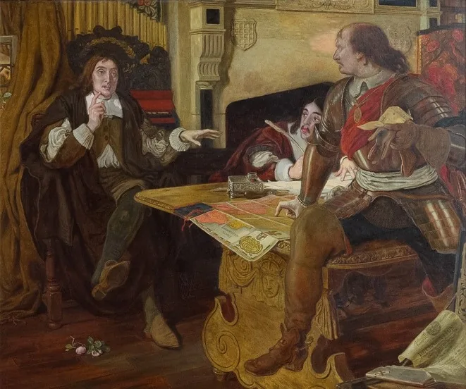 Ford Madox Brown, Cromwell, protetor dos valdenses, 1877 (cena imaginada) · Domínio público (`File:Cromwell, Protector of the Vaudois.jpg`, 661 × 552).
