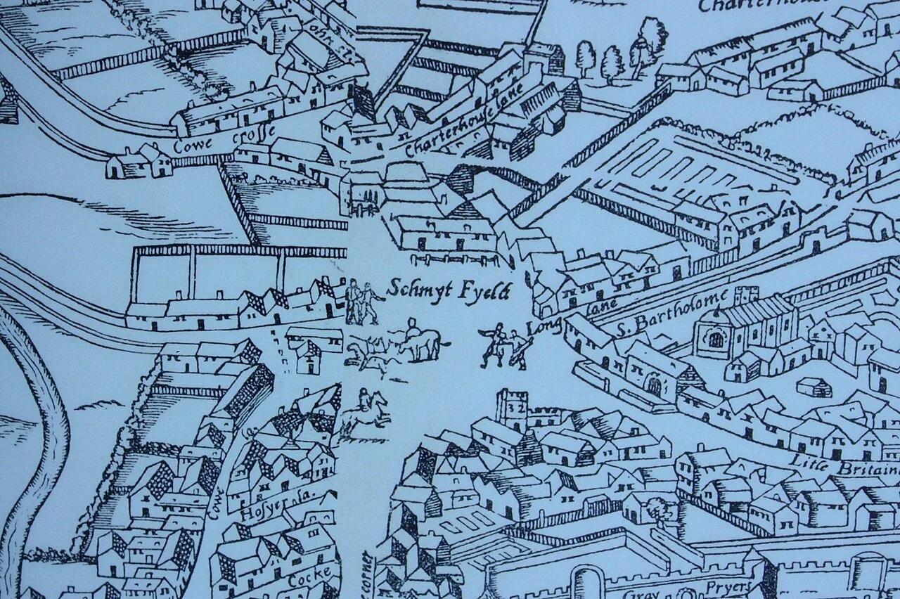 Smithfield, Londres, no mapa de Agas. c. 1561 · Domínio público.