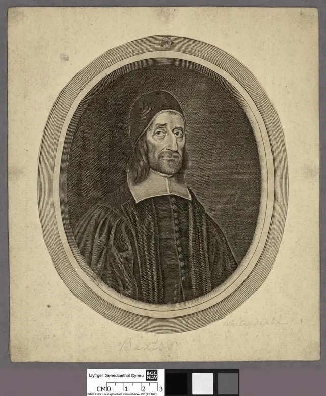 Robert White, Richard Baxter, gravura, 1681 · National Library of Wales · Domínio público (`File:Portrait of Richard Baxter (4674030).jpg`).