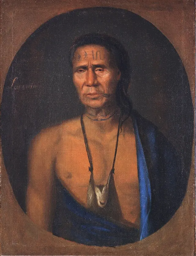 Lapowinsa, líder lenape, por Gustavus Hesselius, 1735 · Domínio público (`File:Gustavus Hesselius-Lapowinsa (larger).jpg`). Lapowinsa não conheceu Brainerd: a legenda diz só quem é, um lenape do tempo dele pintado do natural.