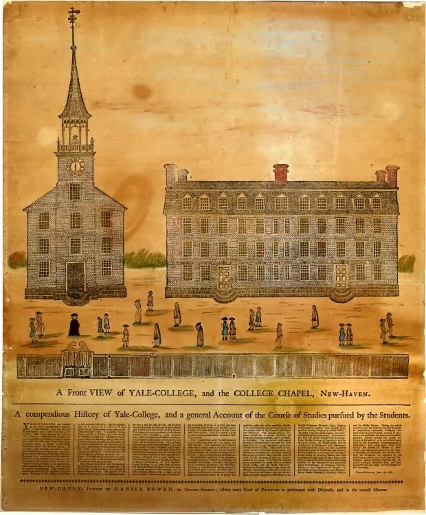 Yale College, New Haven, impresso por Daniel Bowen, 1786 · Yale University · Domínio público (`File:A Front View of Yale College and the College Chapel New Haven printed by Daniel Bowen.jpg`, 620 × 750). O prédio de madeira (1717– 1782) é o que Brainerd conheceu; a capela é de 1761.