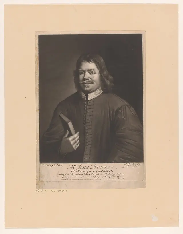 Jonathan Spilsbury segundo Thomas Sadler, John Bunyan, mezzotinta, séc. XVIII · Rijksmuseum · Domínio público (CC0) (`File:Portret van John Bunyan, RP-P-1905-2047.jpg`).