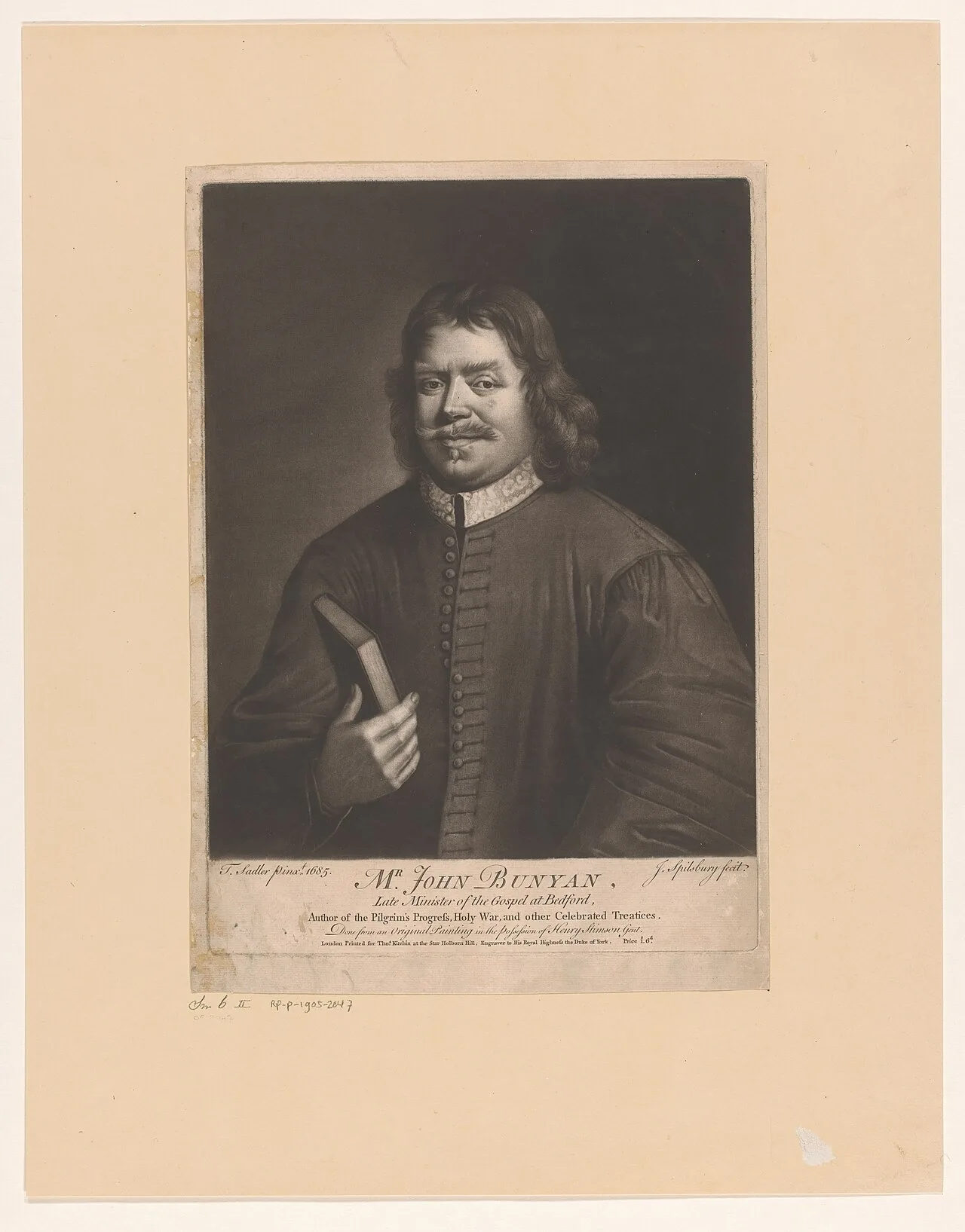 Jonathan Spilsbury segundo Thomas Sadler, John Bunyan, mezzotinta, séc. XVIII · Rijksmuseum · Domínio público (CC0) (`File:Portret van John Bunyan, RP-P-1905-2047.jpg`).