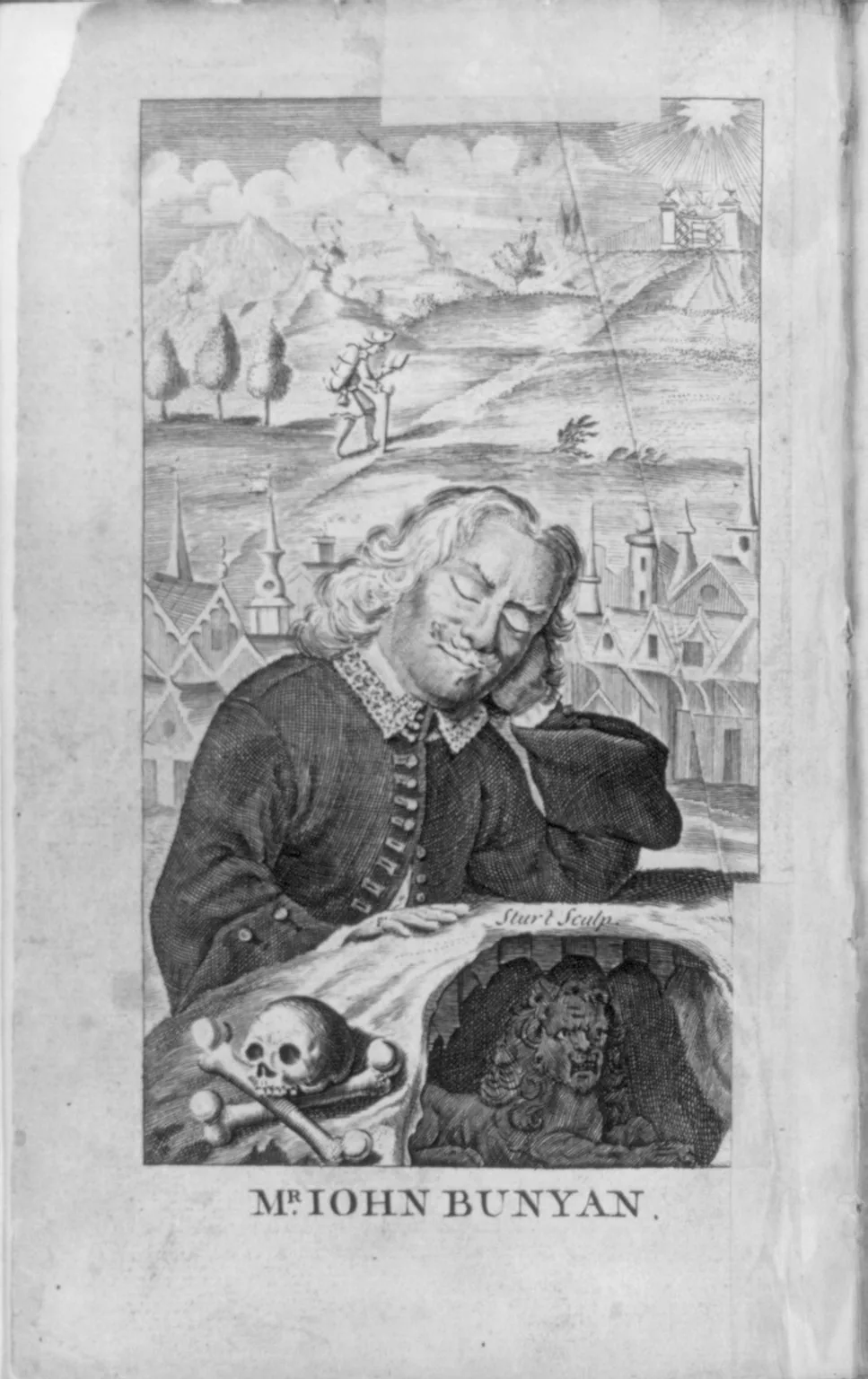 John Bunyan sonhando, frontispício de O Peregrino, gravura, c. 1760 · Library of Congress · Domínio público (`File:Frontis., John Bunyan, head and shoulders portrait, sleeping - in background is his dream of the "Pilgrim's Progress" LCCN2006679915.jpg`).
