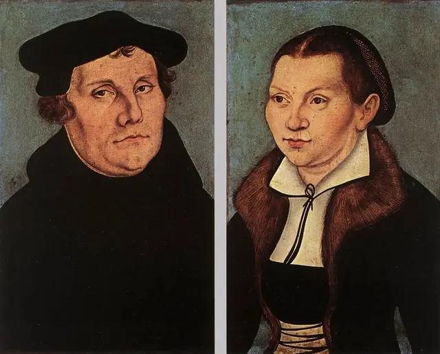 Oficina de Lucas Cranach, o Velho, Martinho Lutero e Catarina von Bora, 1529. Uffizi, Florença. Domínio público.