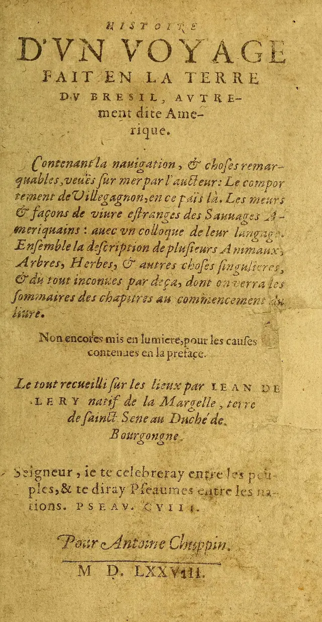 Jean de Léry, Histoire d'un voyage faict en la terre du Bresil, 1578, folha de rosto · Domínio público.