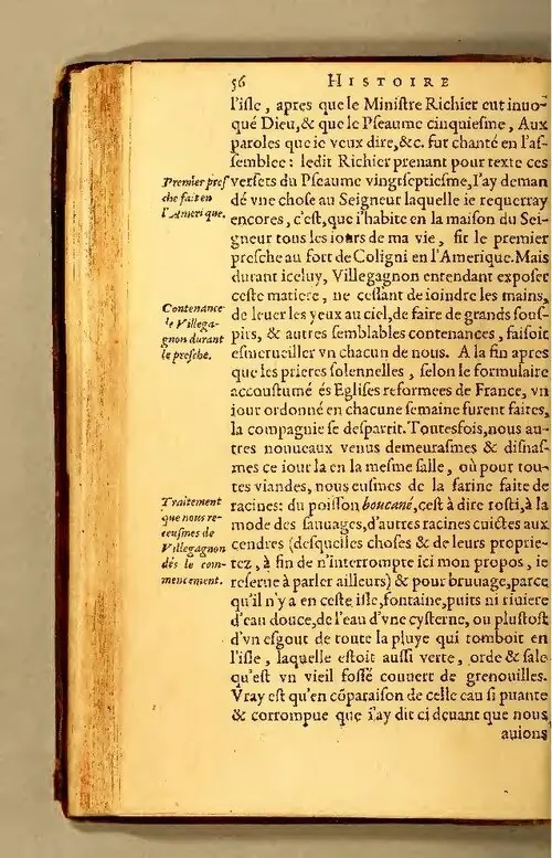 Jean de Léry, Histoire d'un voyage, 2ª ed., [Genebra], 1580, p. 56: o Salmo 5 no primeiro culto · Domínio público.