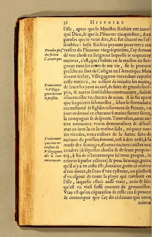 Jean de Léry, Histoire d'un voyage, 2ª ed., [Genebra], 1580, p. 56: o Salmo 5 no primeiro culto · Domínio público.