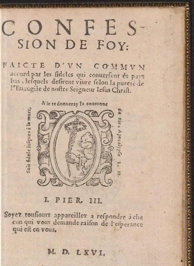 Confession de foy, folha de rosto da edição de 1566 · e-rara · Domínio público. (Não é a de 1561: não há exemplar digital aberto.)