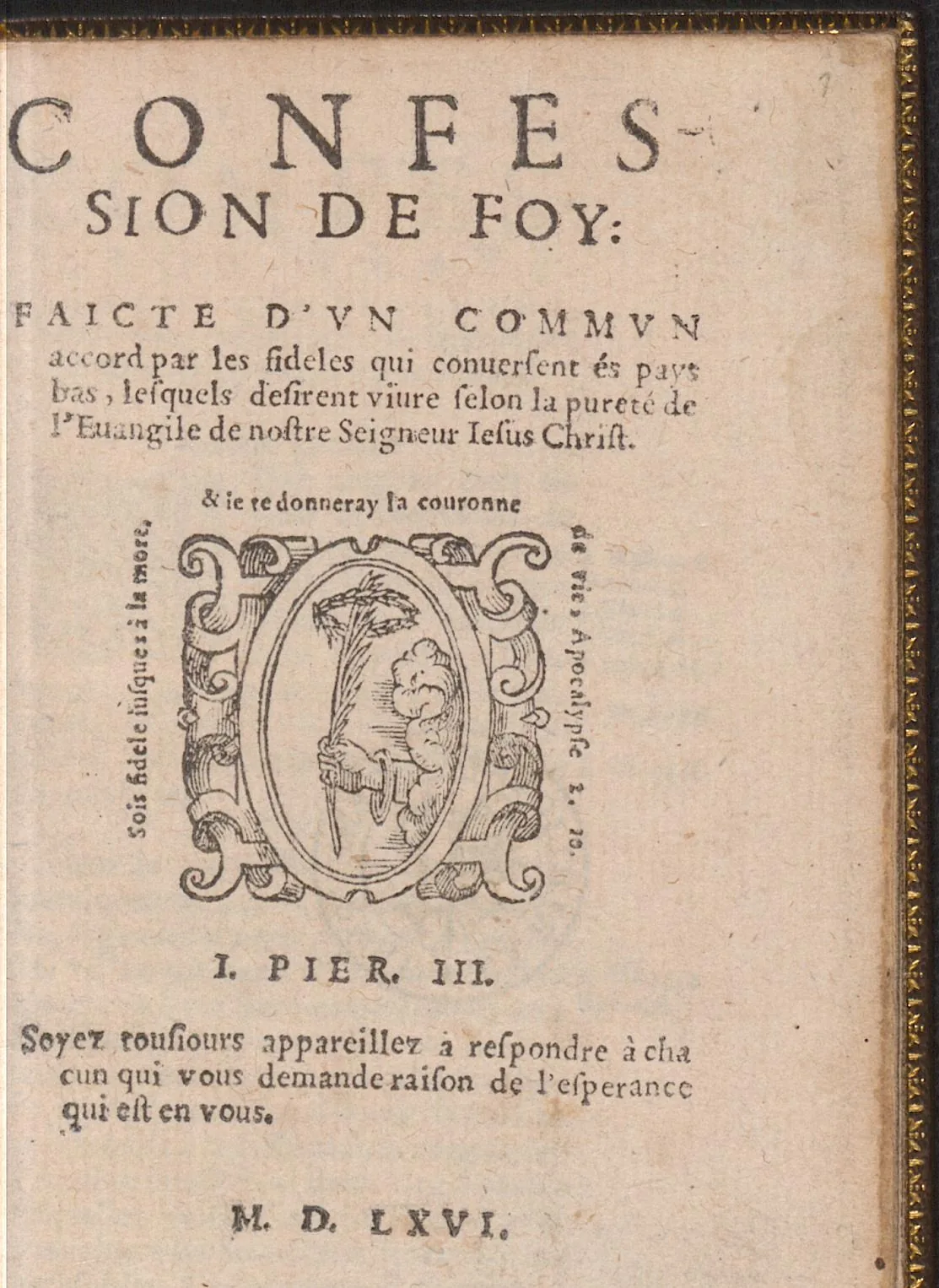 Confession de foy, folha de rosto da edição de 1566 · e-rara · Domínio público. (Não é a de 1561: não há exemplar digital aberto.)