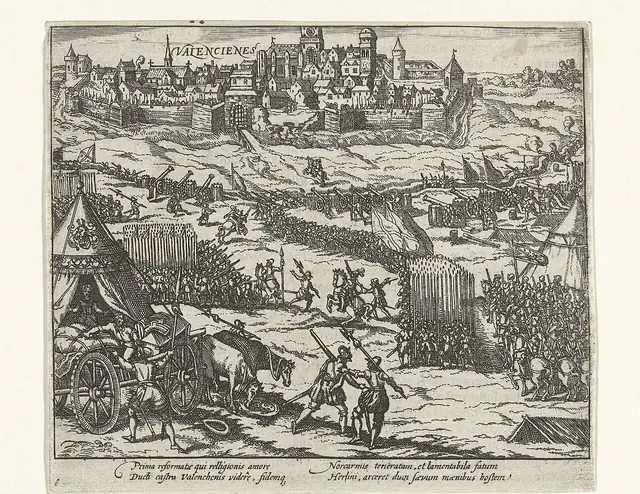 A tomada de Valenciennes, 1567. Anônimo segundo Frans Hogenberg, 1613–1615 · Rijksmuseum · CC0. (Recortar a régua, a barra de cores e as anotações a lápis. Conferida no arquivo inteiro: sem corpos nem forca.)