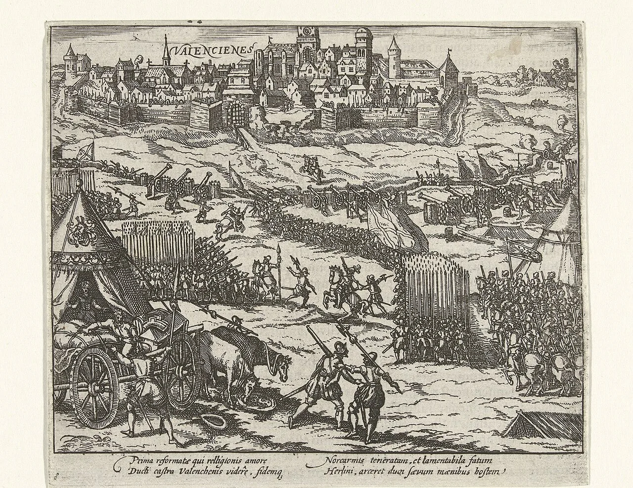 A tomada de Valenciennes, 1567. Anônimo segundo Frans Hogenberg, 1613–1615 · Rijksmuseum · CC0. (Recortar a régua, a barra de cores e as anotações a lápis. Conferida no arquivo inteiro: sem corpos nem forca.)