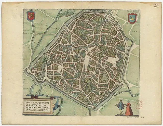 Valenciennes. Braun & Hogenberg, ed. 1645 · Bibliothèque nationale de France · Domínio público. (Recortar o carimbo vermelho "Bibliothèque impériale" e os números a tinta.)