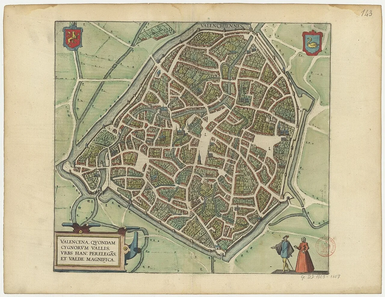 Valenciennes. Braun & Hogenberg, ed. 1645 · Bibliothèque nationale de France · Domínio público. (Recortar o carimbo vermelho "Bibliothèque impériale" e os números a tinta.)