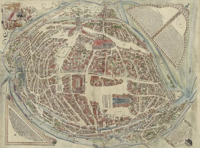 Estrasburgo em 1548, vista da torre da catedral. Conrad Morant (cópia) · Archives de Strasbourg · Domínio público.