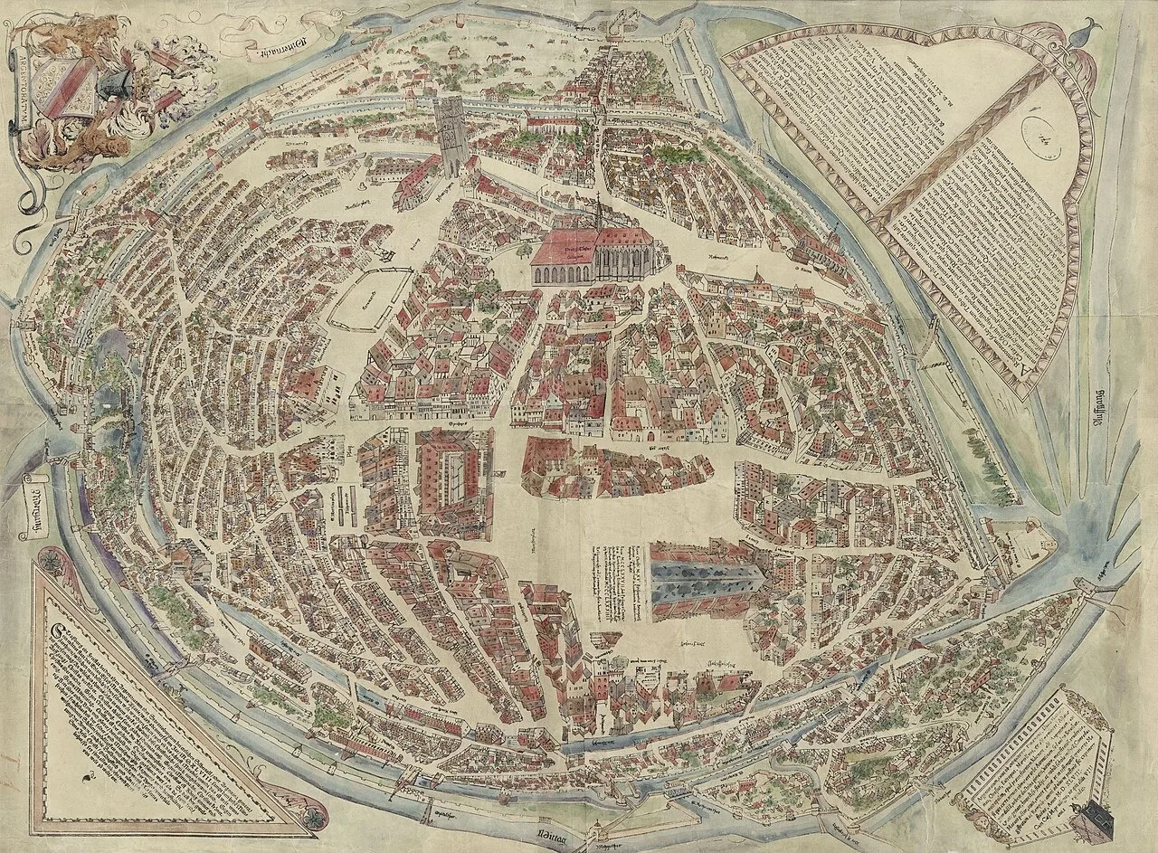 Estrasburgo em 1548, vista da torre da catedral. Conrad Morant (cópia) · Archives de Strasbourg · Domínio público.