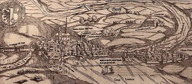 Genebra em 1550. Sebastian Münster, Cosmographia · Bibliothèque de Genève · Domínio público.