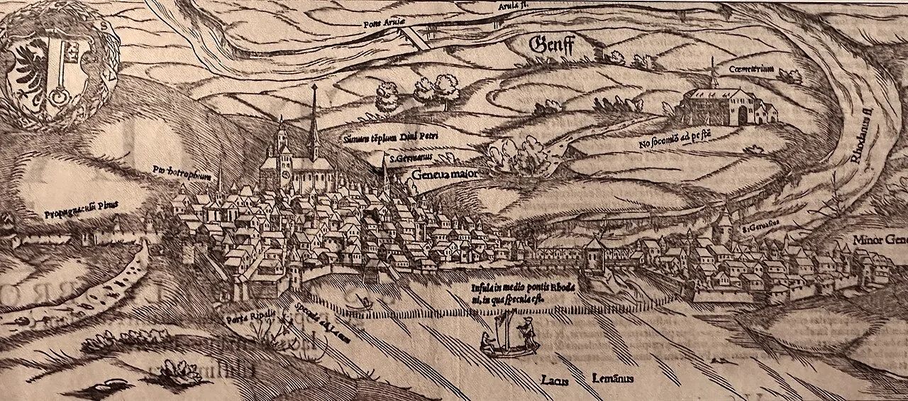 Genebra em 1550. Sebastian Münster, Cosmographia · Bibliothèque de Genève · Domínio público.