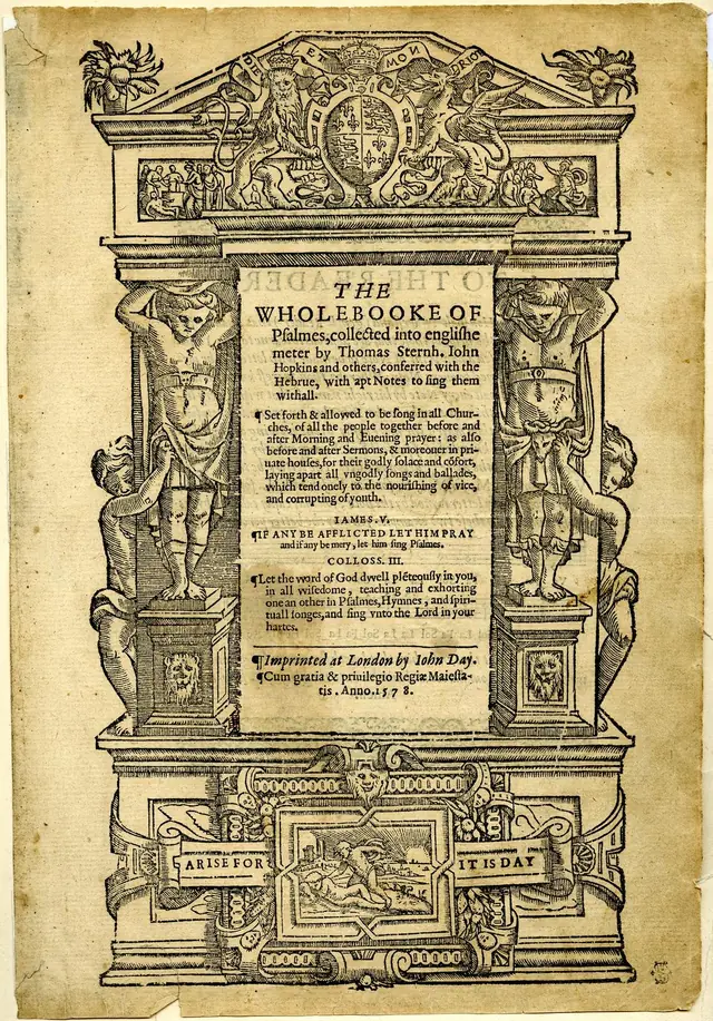 The Whole Booke of Psalmes (Sternhold e Hopkins), folha de rosto, Londres, John Day, 1583, British Museum · Domínio público.