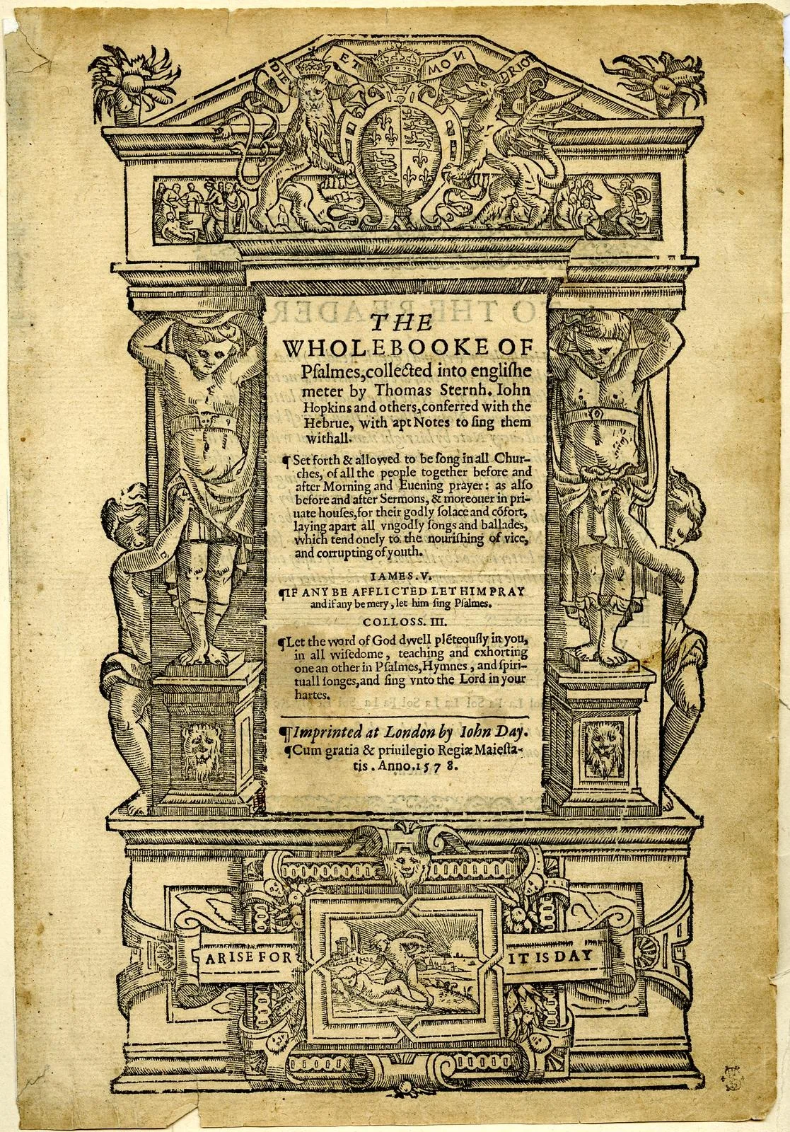 The Whole Booke of Psalmes (Sternhold e Hopkins), folha de rosto, Londres, John Day, 1583, British Museum · Domínio público.
