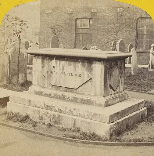 O túmulo de Isaac Watts em Bunhill Fields, estereofotografia de G. R. & Co., c. 1850–1875, Rijksmuseum · Domínio público (CC0); só a metade esquerda.