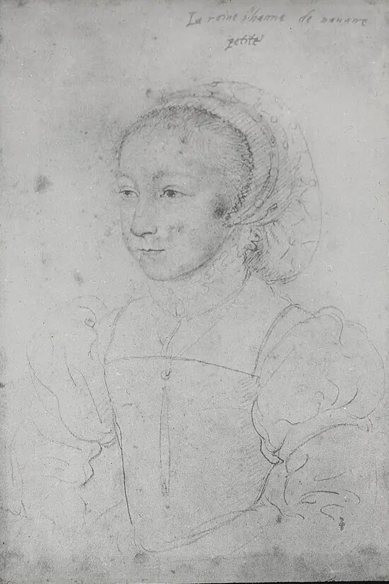 Joana d'Albret criança. Desenho atribuído a François Clouet, c. 1540 · Musée Condé, Chantilly (foto: KU Leuven) · Domínio público · recortada (sem a moldura e os rótulos do diapositivo).