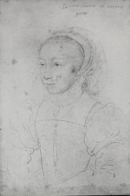 Joana d'Albret criança. Desenho atribuído a François Clouet, c. 1540 · Musée Condé, Chantilly (foto: KU Leuven) · Domínio público · recortada (sem a moldura e os rótulos do diapositivo).