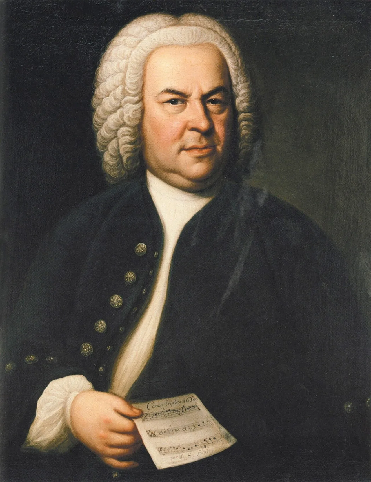 Elias Gottlob Haussmann, Johann Sebastian Bach, 1748 (2ª versão do retrato de 1746; Bach segura o cânone BWV 1076) · Domínio público (`File:Johann Sebastian Bach.jpg`).