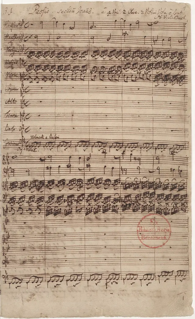J. S. Bach, Paixão segundo João, BWV 245, autógrafo, 1ª página ("J. J. Passio secundum Joannem…") · Staatsbibliothek zu Berlin · Domínio público (`File:Johannespassion.jpg`).