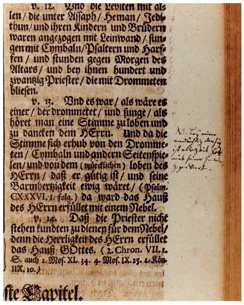 Bíblia de Calov de Bach, 2 Crônicas 5:13, com a nota à margem · Concordia Seminary, St. Louis · Domínio público (`File:Bach Calov-Bibel 2 Chr 5,13.jpg`).