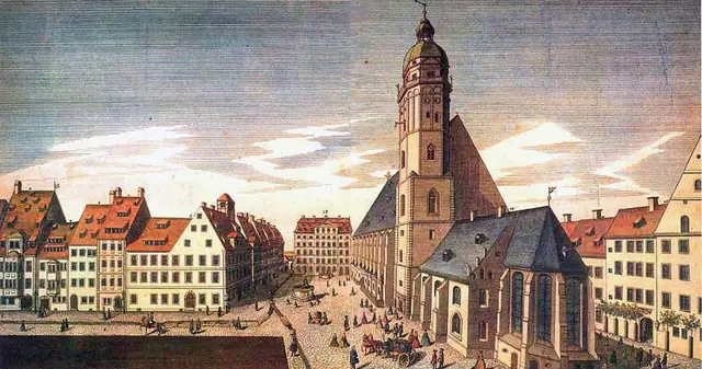 Igreja e escola de São Tomé, Leipzig, gravura de 1735, autor desconhecido · Domínio público (`File:Thomaskirche und Thomasschule zu Leipzig.jpg`).