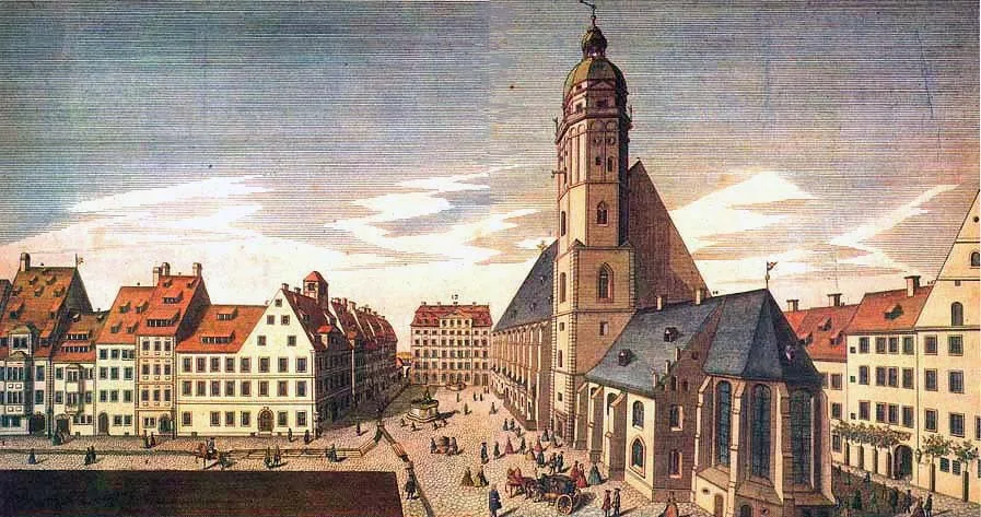 Igreja e escola de São Tomé, Leipzig, gravura de 1735, autor desconhecido · Domínio público (`File:Thomaskirche und Thomasschule zu Leipzig.jpg`).