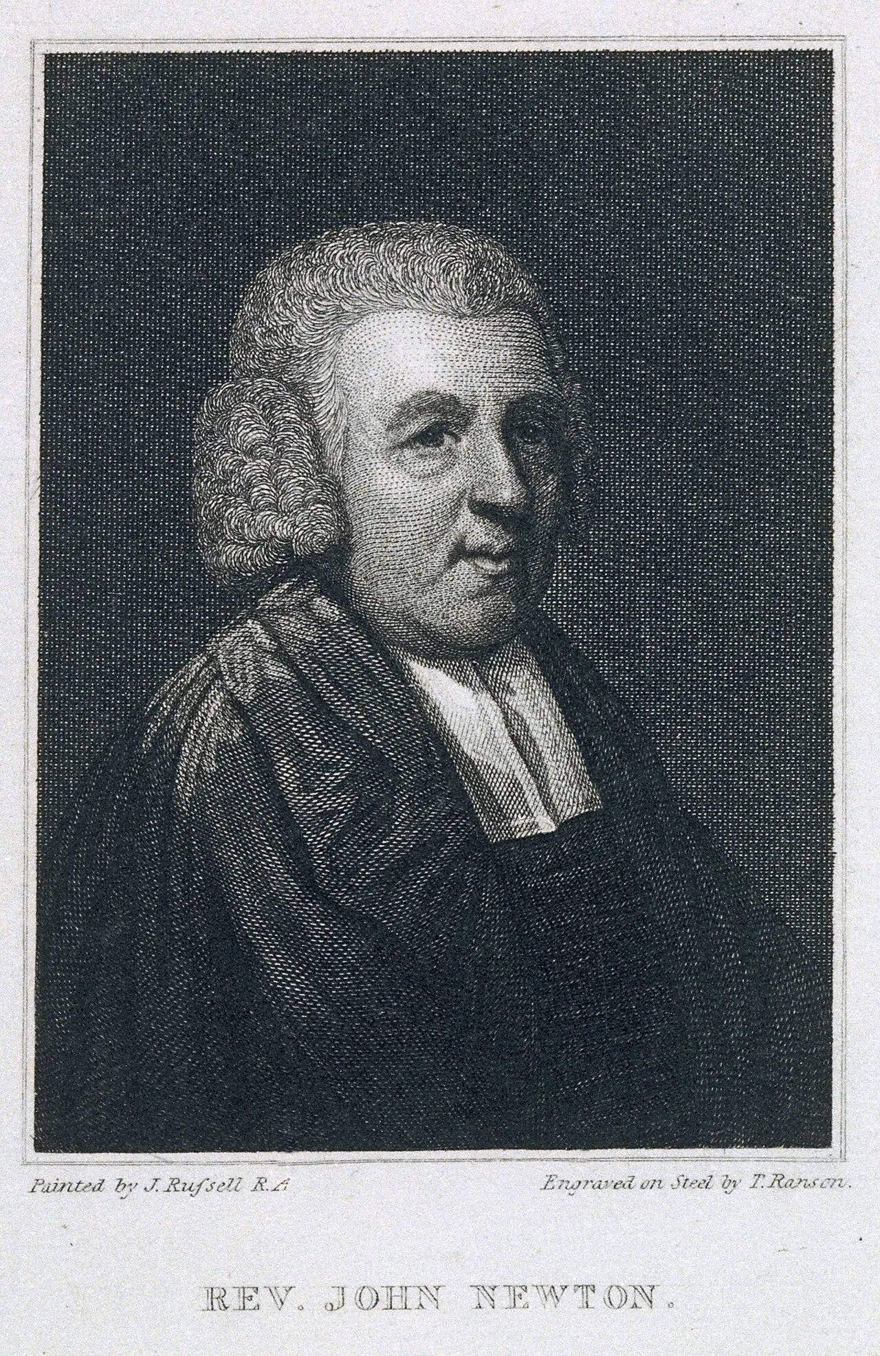 Rev. John Newton, gravura de Thomas Frazer Ranson segundo John Russell, início do séc. XIX · Royal Museums Greenwich · Domínio público (`File:Rev. John Newton RMG PU3099.tiff`).