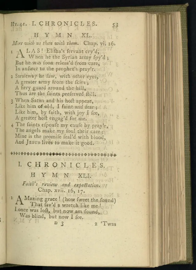 Olney Hymns, Londres, 1779, p. 53: o hino 41 · Library of Congress · Domínio público (`File:Olney Hymns page 53 Amazing Grace.jpg`).