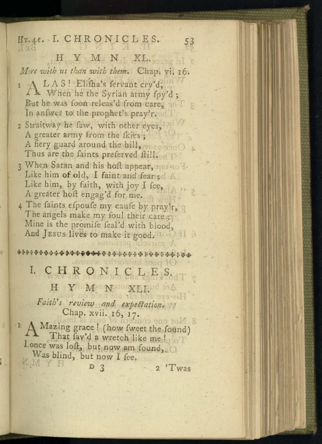 Olney Hymns, Londres, 1779, p. 53: o hino 41 · Library of Congress · Domínio público (`File:Olney Hymns page 53 Amazing Grace.jpg`).