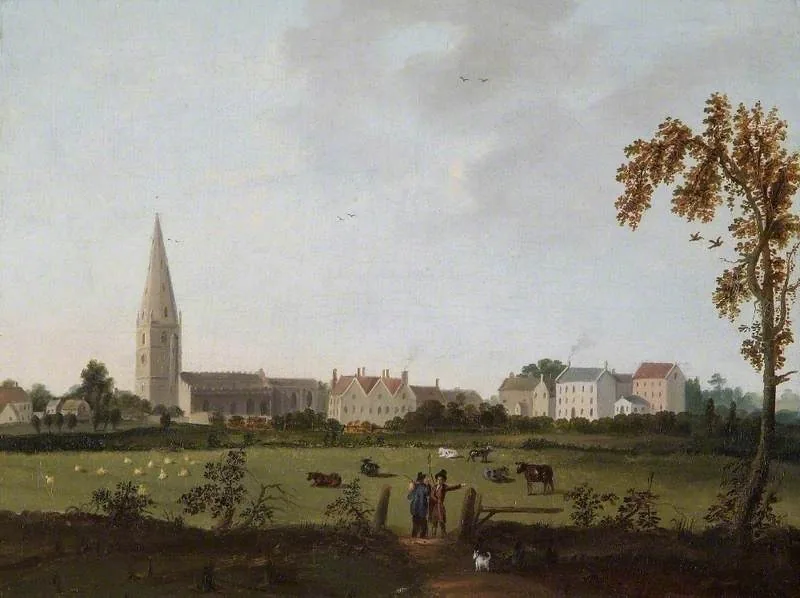 A igreja de Olney vista de Emberton, pintura de James Andrews (1734–1817) · Cowper and Newton Museum · Domínio público (`File:James Andrews (1734-1817) - View of Olney Church from Emberton, Buckinghamshire - OLNCN-161 - Cowper and Newton Museum.jpg`).