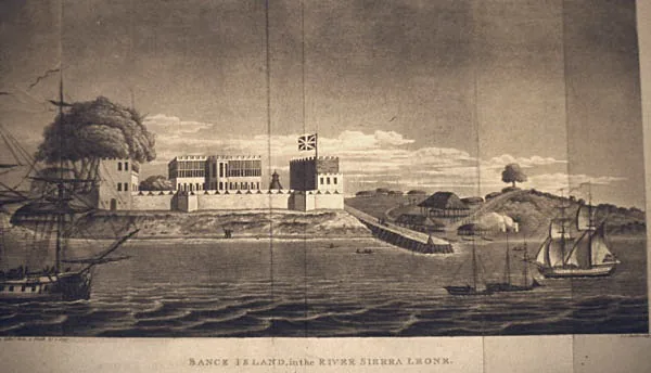 A ilha de Bunce, Serra Leoa, em 1805, segundo aquarela de Joseph Corry · Domínio público (`File:Bunce Island 1805.jpg`). É da mesma costa; as fontes lidas não dizem que Newton esteve ali.