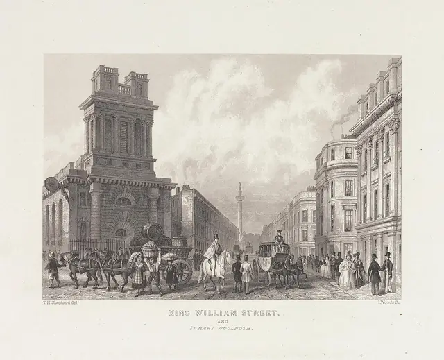 King William Street e St Mary Woolnoth, Londres, gravura de John Woods, 1840 · Yale Center for British Art · CC0 (`File:John Woods - King William Street and St Mary Woolnoth - B1977.14.15668 - Yale Center for British Art.jpg`). Newton foi reitor de St Mary Woolnoth de 1780 a 1807.