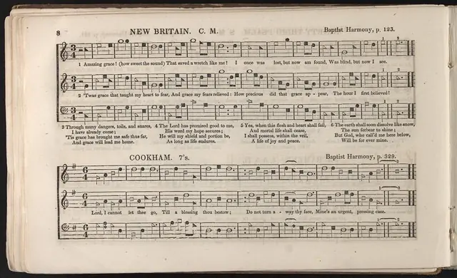"New Britain" com Amazing grace, The Southern Harmony, ed. de 1847 · Library of Congress · Domínio público (`File:New Britain Southern Harmony Amazing Grace.jpg`).
