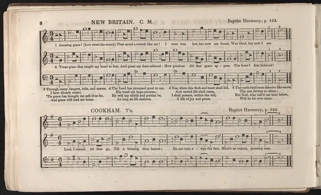 "New Britain" com Amazing grace, The Southern Harmony, ed. de 1847 · Library of Congress · Domínio público (`File:New Britain Southern Harmony Amazing Grace.jpg`).