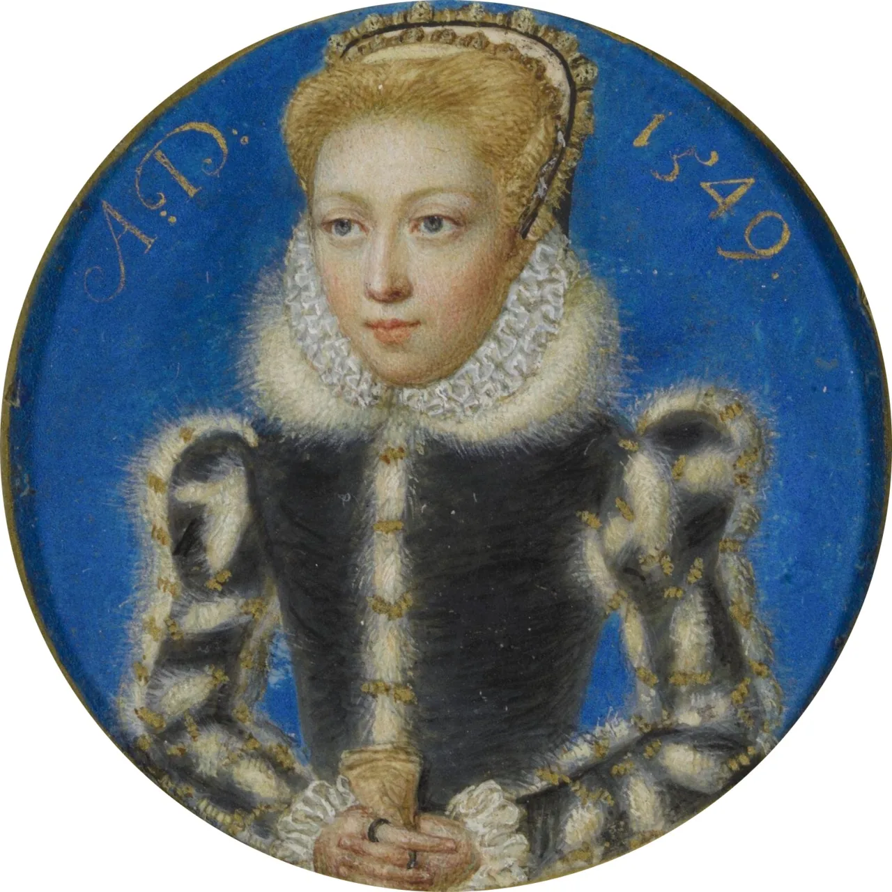 Lady Katherine Grey, a irmã da carta. Miniatura atribuída a Levina Teerlinc, c. 1555–1560 · Victoria and Albert Museum · Domínio público.