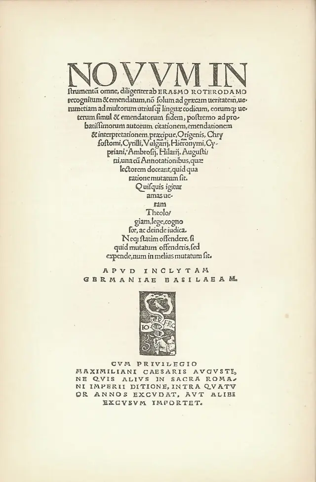 O Novo Testamento grego de Erasmo, Basileia, 1516 (não é o livro de Jane) · Domínio público.