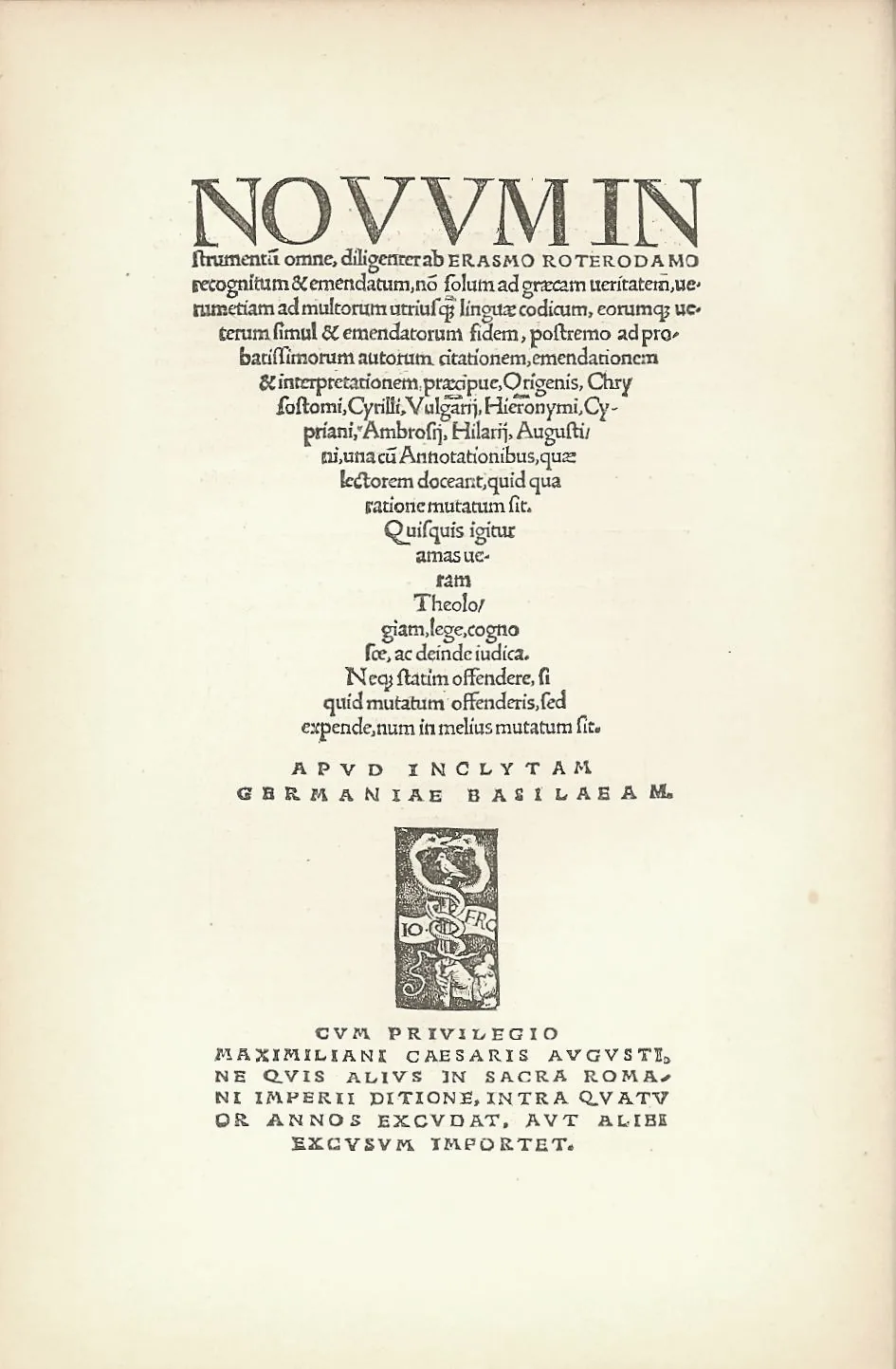 O Novo Testamento grego de Erasmo, Basileia, 1516 (não é o livro de Jane) · Domínio público.