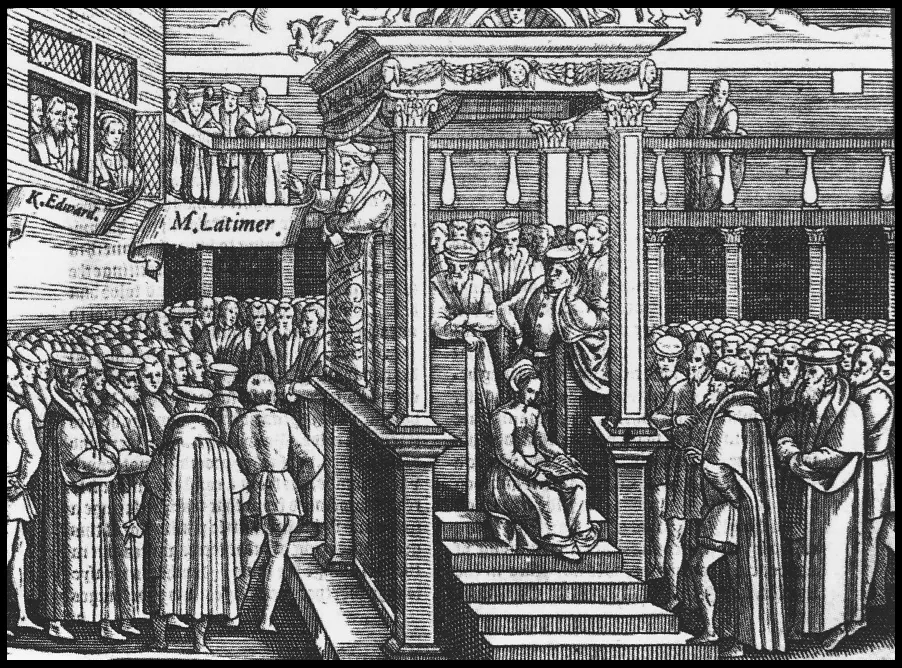 Latimer prega diante de Eduardo VI. Xilogravura de Actes and Monuments, de John Foxe, séc. XVI · Domínio público, via Wikimedia Commons.